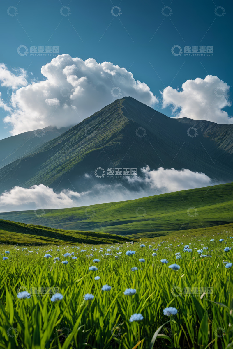 高清大图下载【趣麦麦图】草原上的青山与蓝天白云