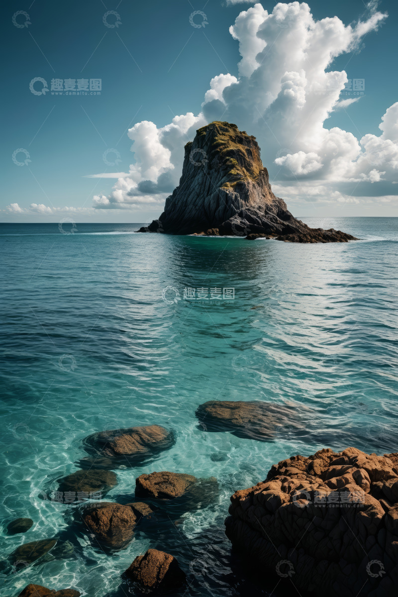 高清大图下载【趣麦麦图】海上孤立岩石与清澈海水景观