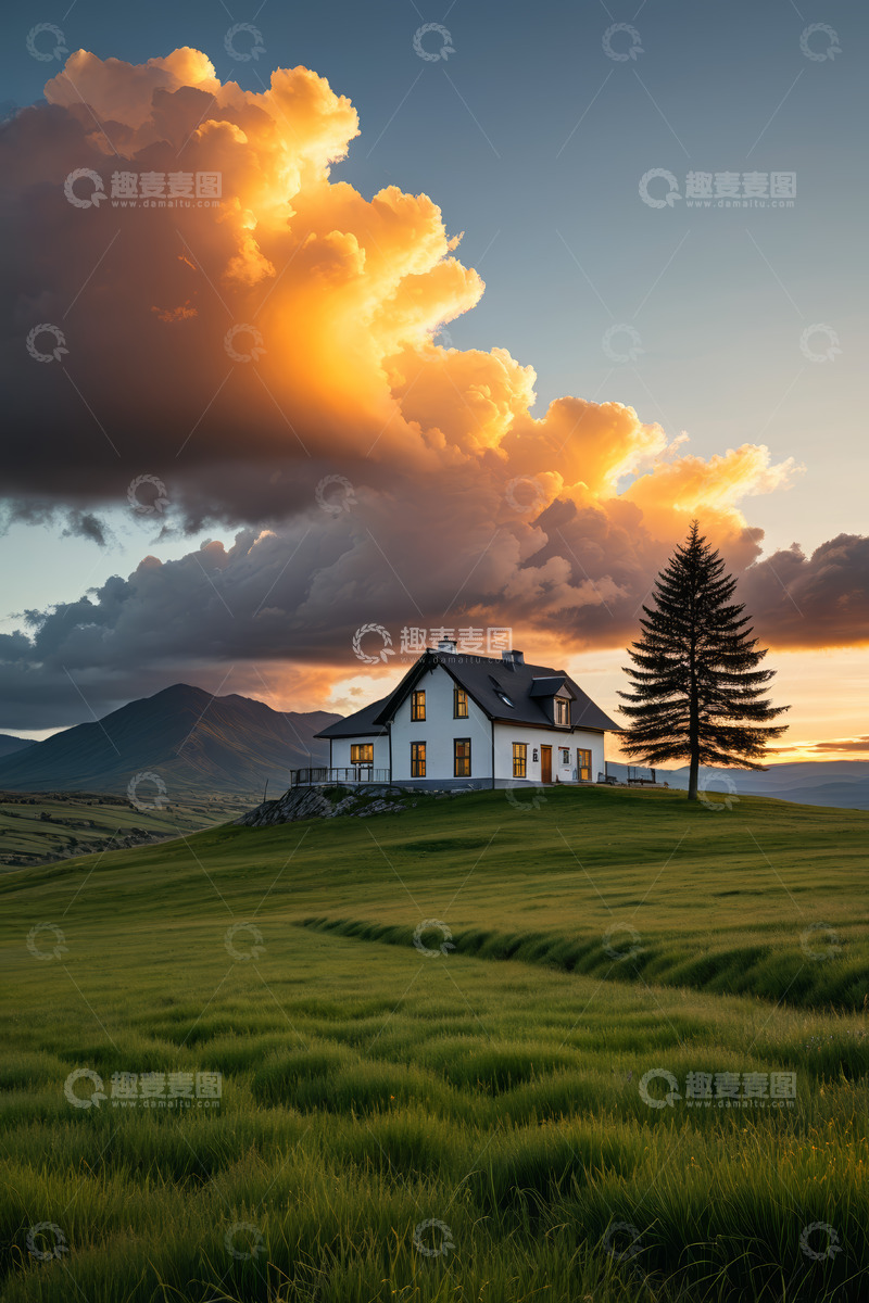 高清大图下载【趣麦麦图】田园小屋日落风景