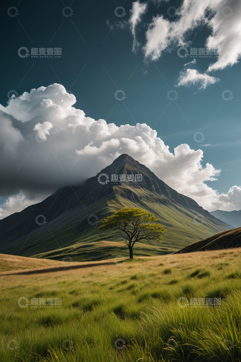 高清大图下载【趣麦麦图】草原孤树与远山风景