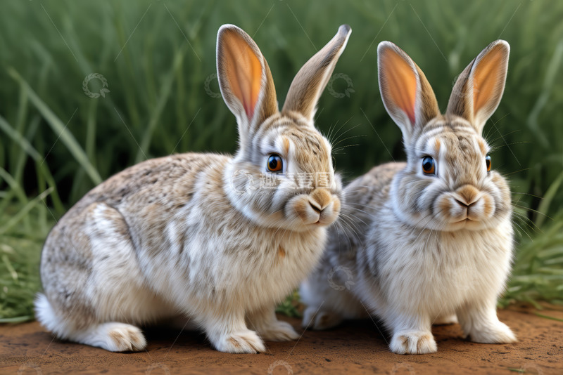 高清大图下载【趣麦麦图】两只兔子于草地旁的特写