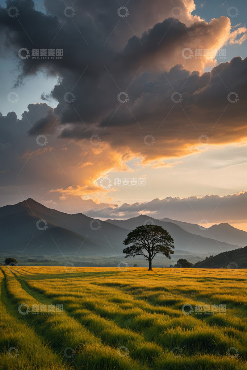 高清大图下载【趣麦麦图】田野中孤树与霞光山色景观