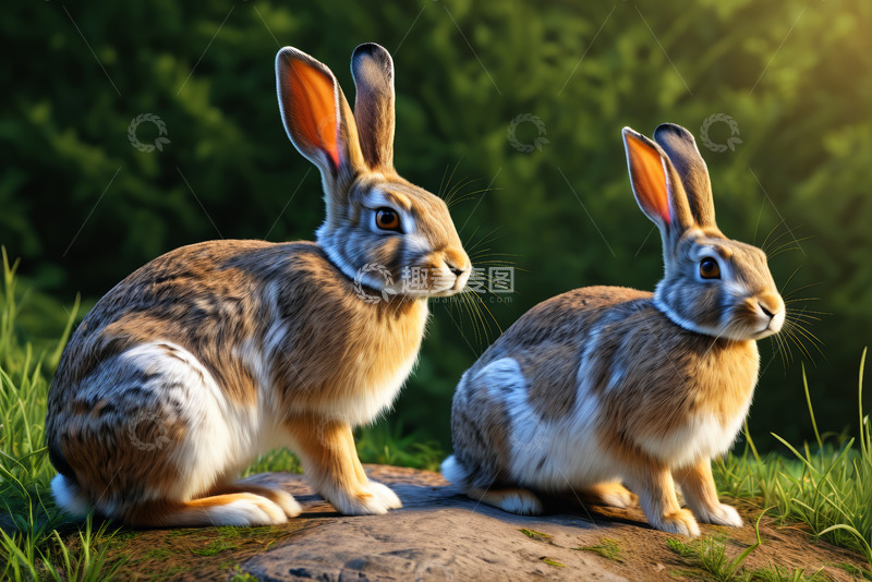 高清大图下载【趣麦麦图】草地上的两只兔子