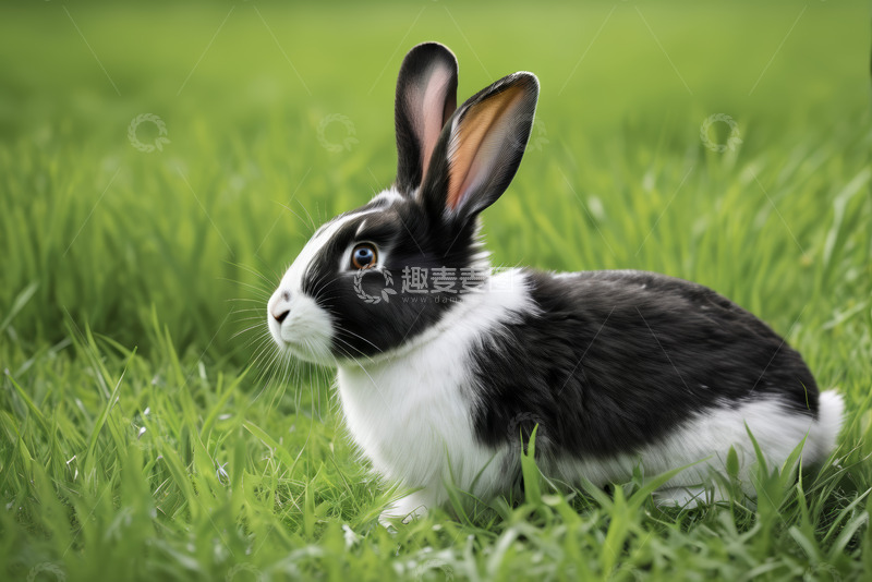 高清大图下载【趣麦麦图】草地上的黑白兔子特写