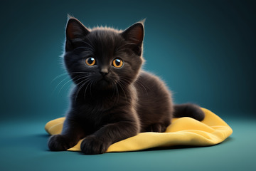 黑色小猫趴在黄色垫子上