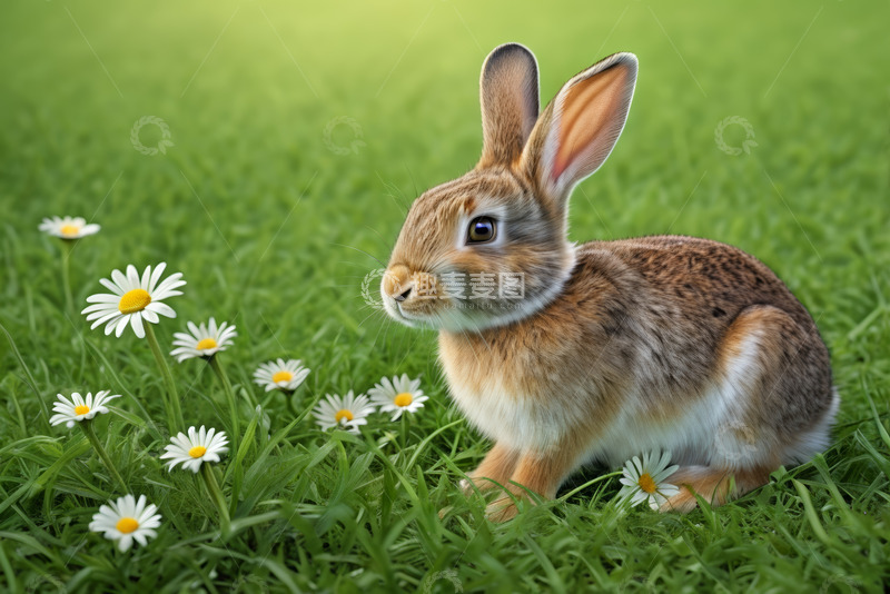 高清大图下载【趣麦麦图】草地上的可爱兔子与雏菊
