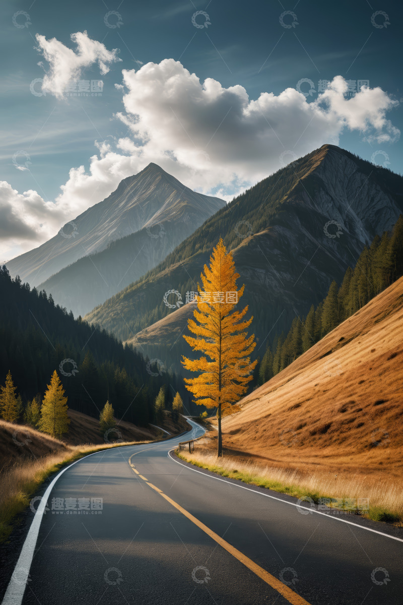 高清大图下载【趣麦麦图】山间公路旁的金黄树木风景