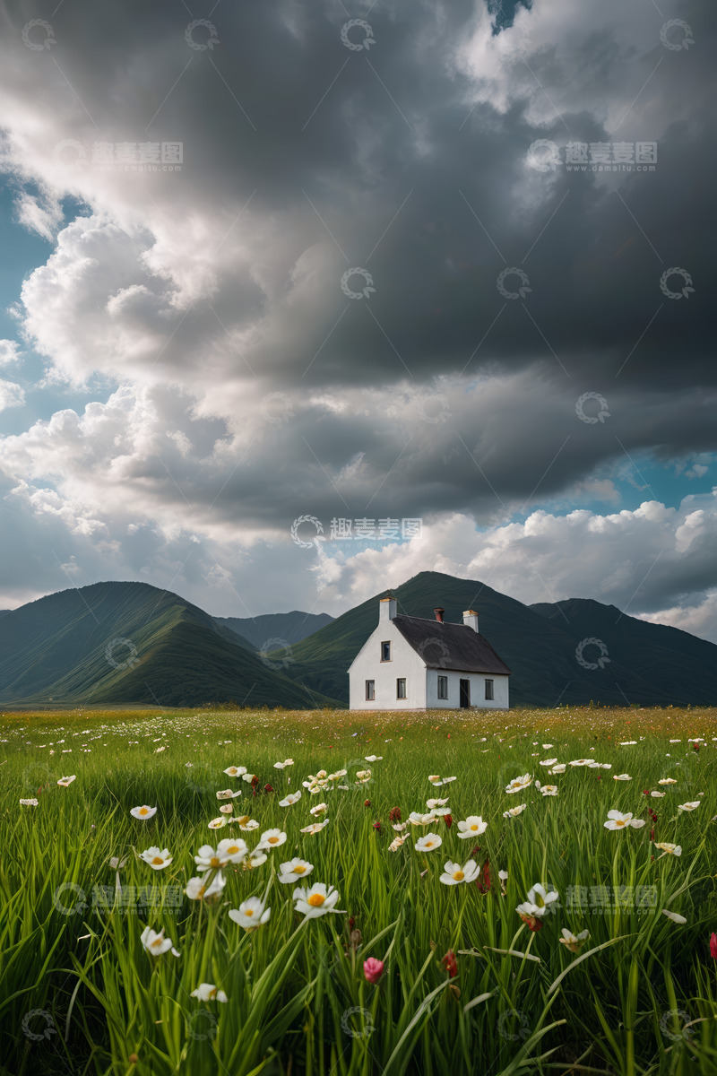 高清大图下载【趣麦麦图】草原上的白色小屋与花海