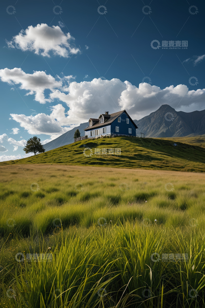 高清大图下载【趣麦麦图】山丘上的蓝房子与自然风光