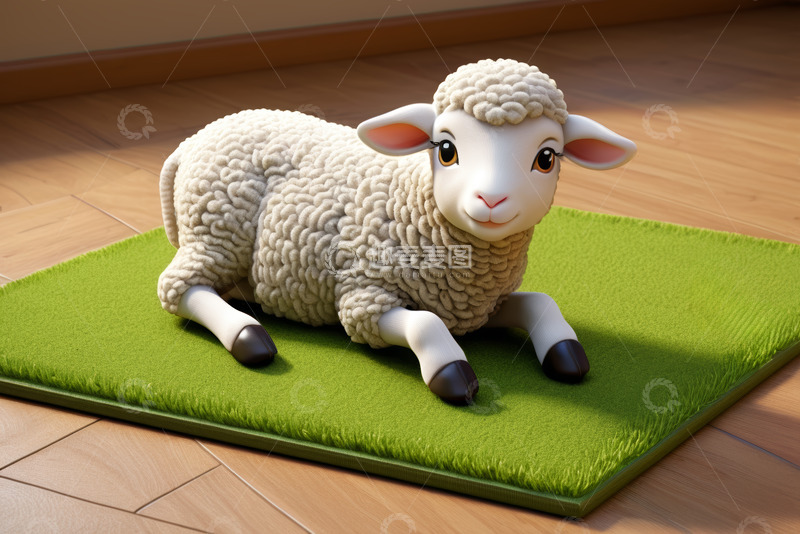 高清大图下载【趣麦麦图】卡通绵羊摆件置于绿色垫子上
