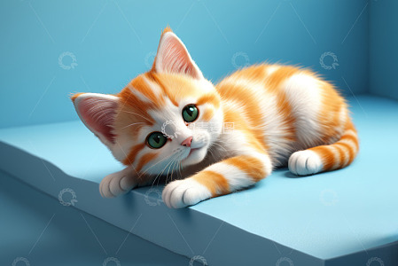 蓝背景趴着的橘白相间小猫