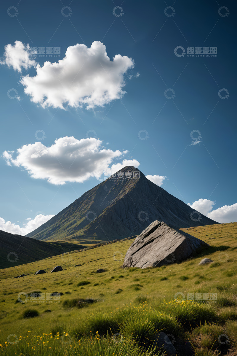 高清大图下载【趣麦麦图】蓝天白云下的高山草地景观