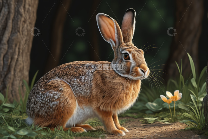高清大图下载【趣麦麦图】林地中蹲坐的野兔