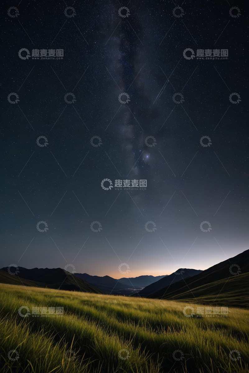 高清大图下载【趣麦麦图】草原夜空下的星空与山峦