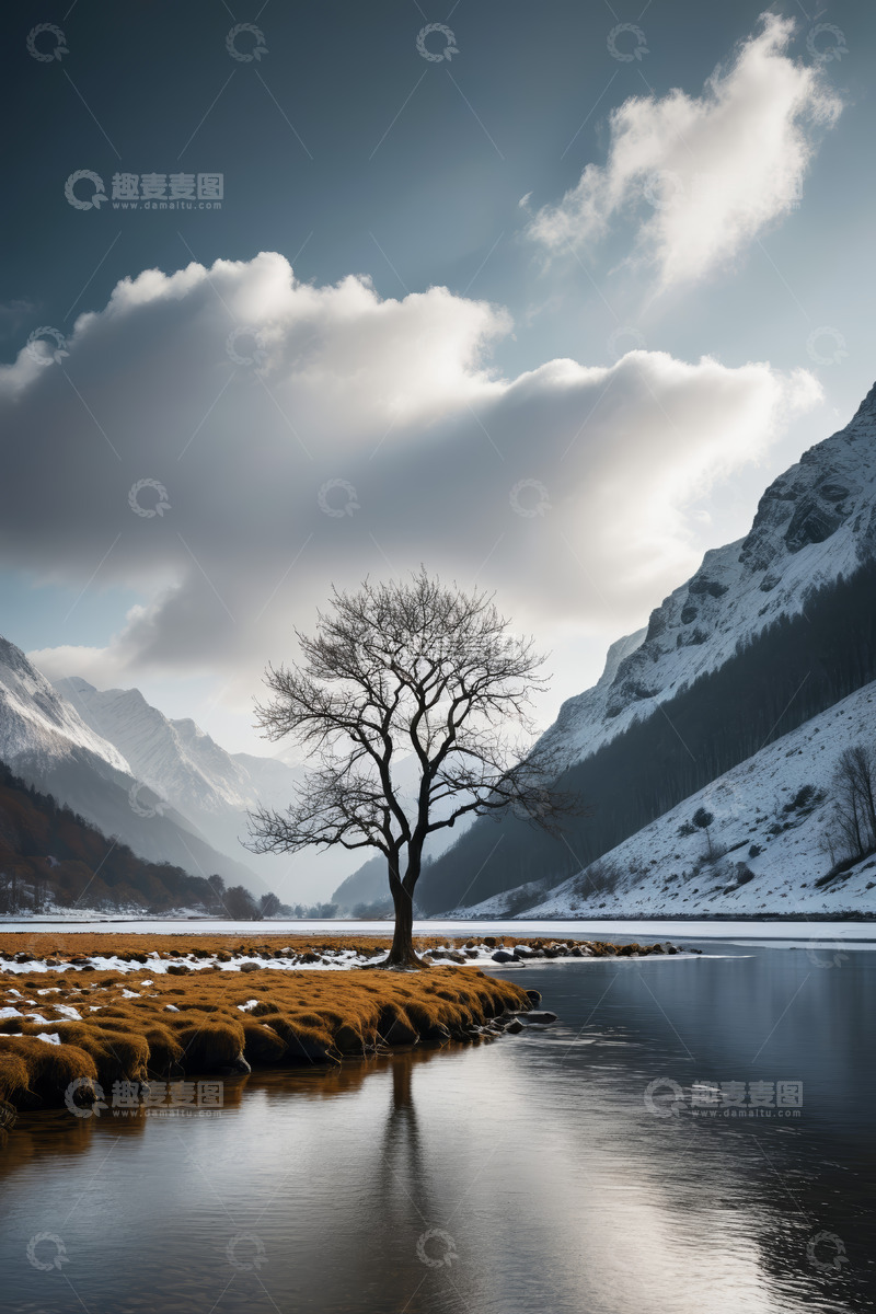高清大图下载【趣麦麦图】雪山湖畔孤树自然景观