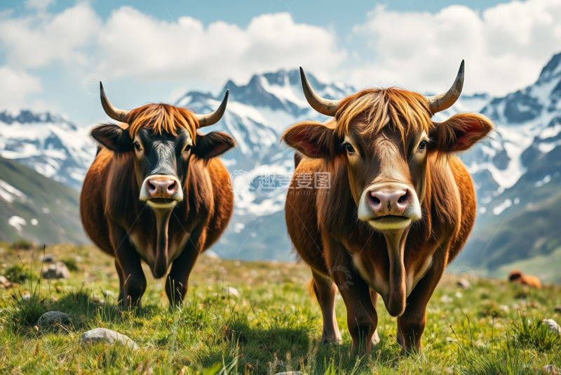 高清大图下载【趣麦麦图】山间草地上的两头牛