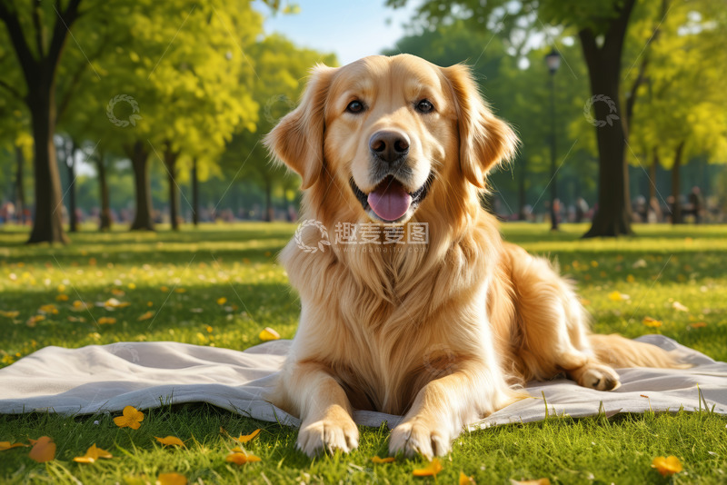 高清大图下载【趣麦麦图】公园草地休憩的金毛犬