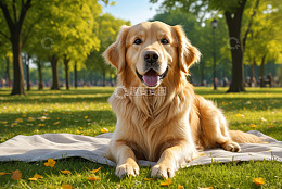 公园草地休憩的金毛犬