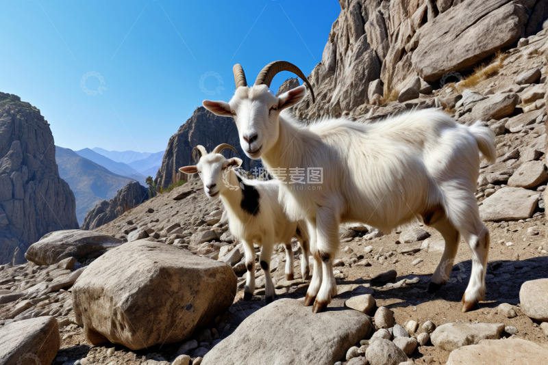 高清大图下载【趣麦麦图】山间岩石上的两只山羊