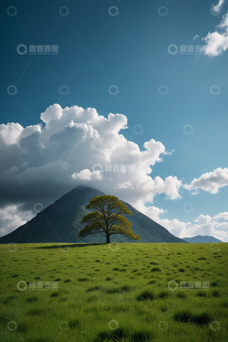 高清大图下载【趣麦麦图】草原上独树与远山蓝天白云景观