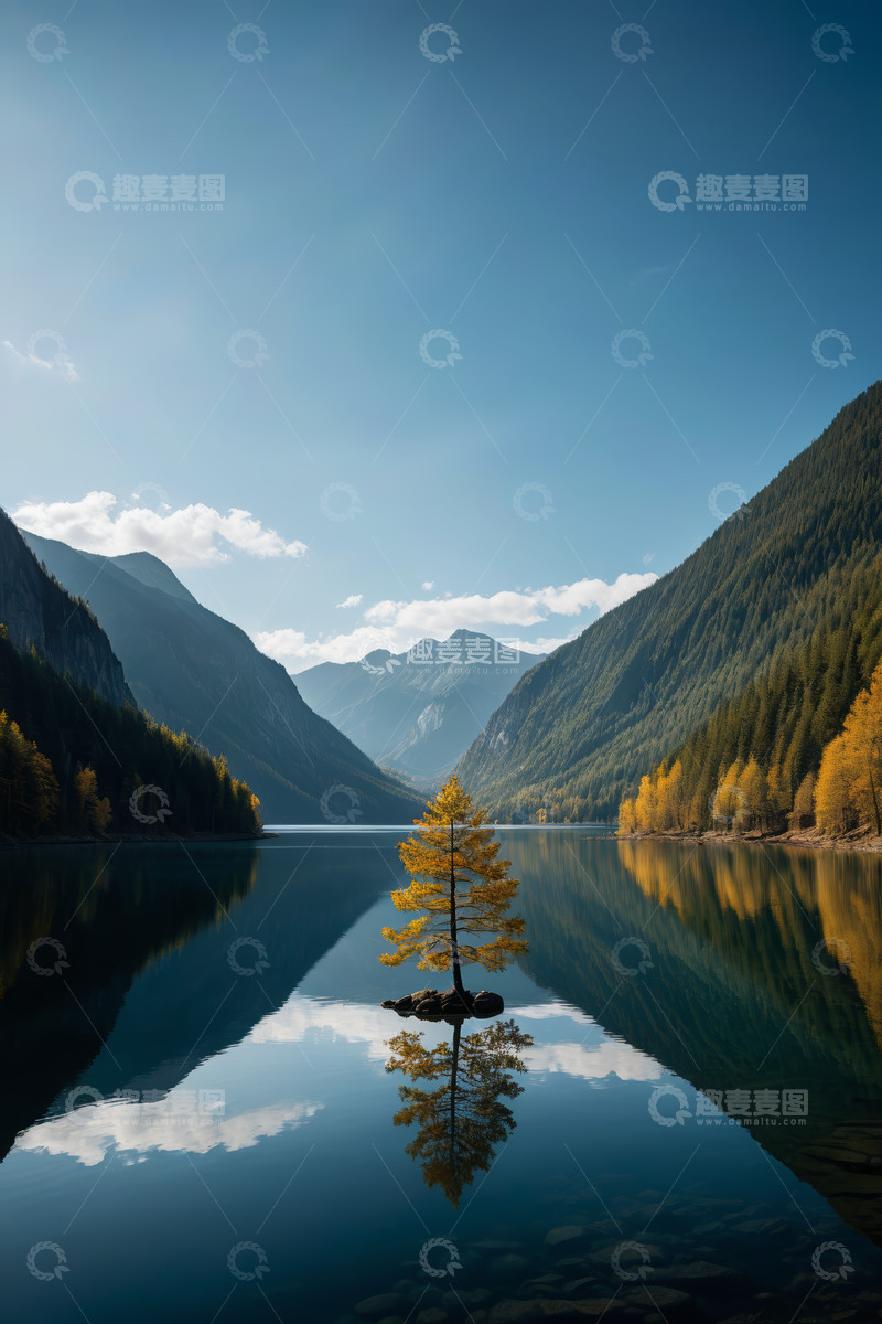 高清大图下载【趣麦麦图】湖中小树与山水风光