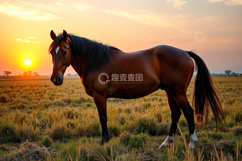 高清大图下载【趣麦麦图】夕阳下草原上的骏马