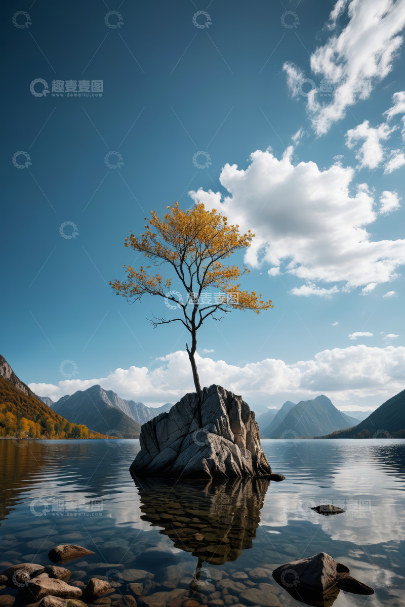 高清大图下载【趣麦麦图】湖心岩石上的孤树自然风光
