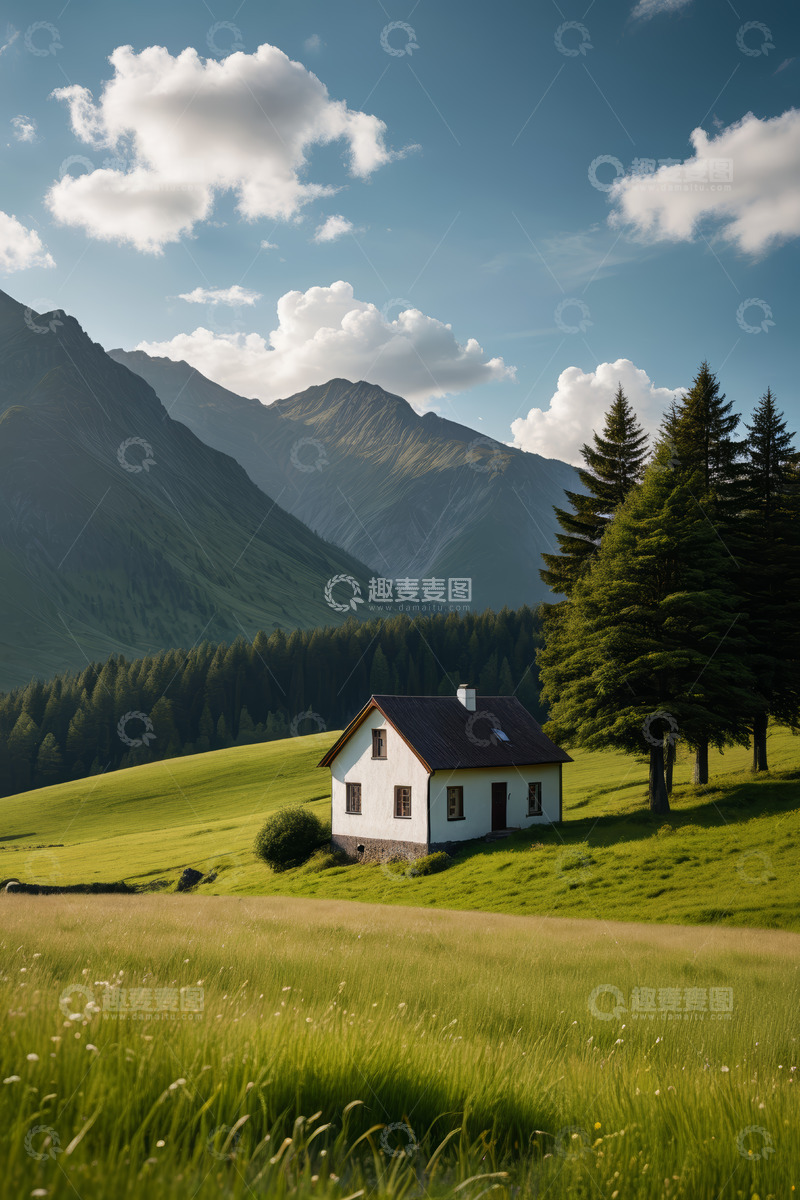 高清大图下载【趣麦麦图】山间草地中的独栋小屋