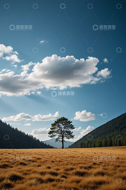 草原单棵树木与蓝天白云风景