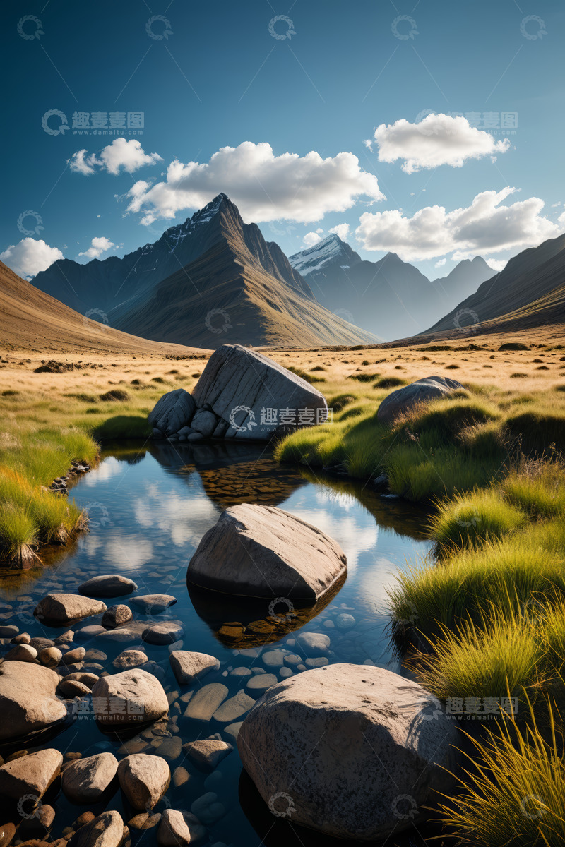 高清大图下载【趣麦麦图】山野间清澈小溪与巨石景观