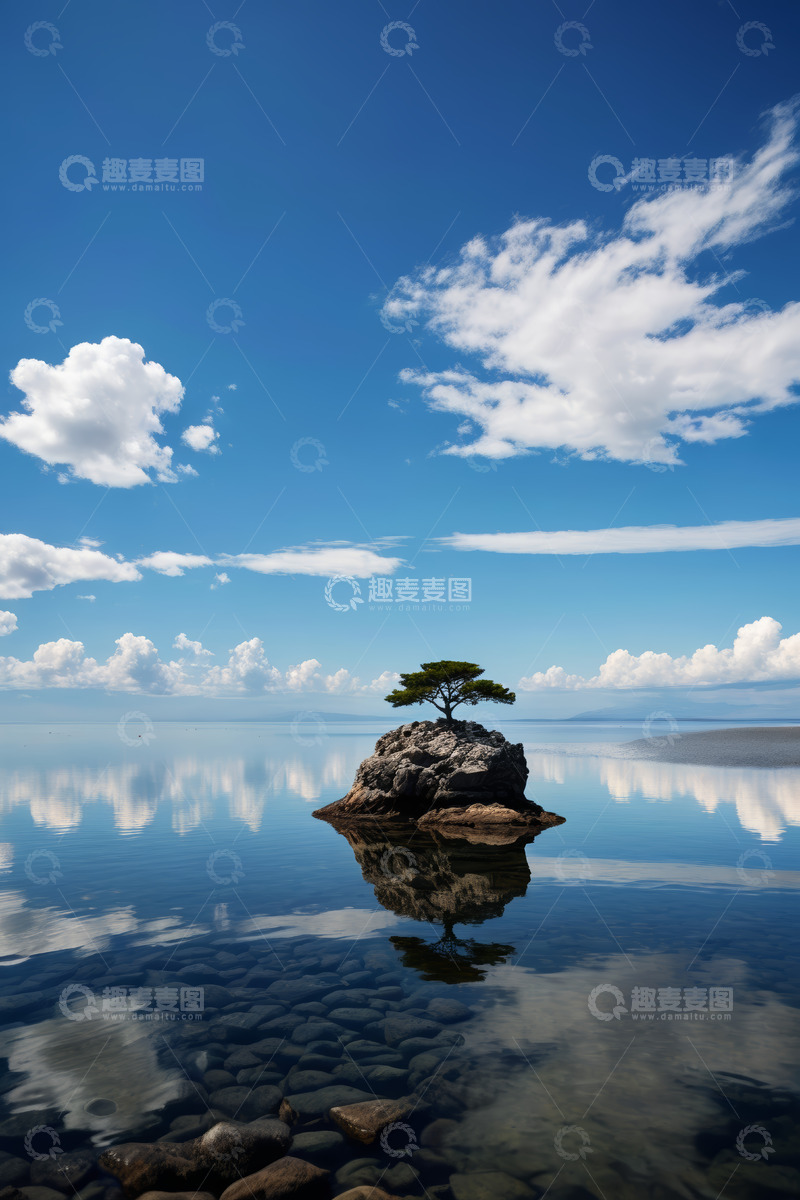 高清大图下载【趣麦麦图】湖心孤石上的树木与蓝天倒影