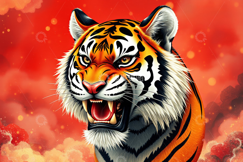 高清大图下载【趣麦麦图】红色背景上咆哮的老虎