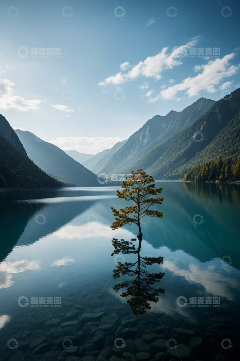 高清大图下载【趣麦麦图】湖中山景与水中孤树风光