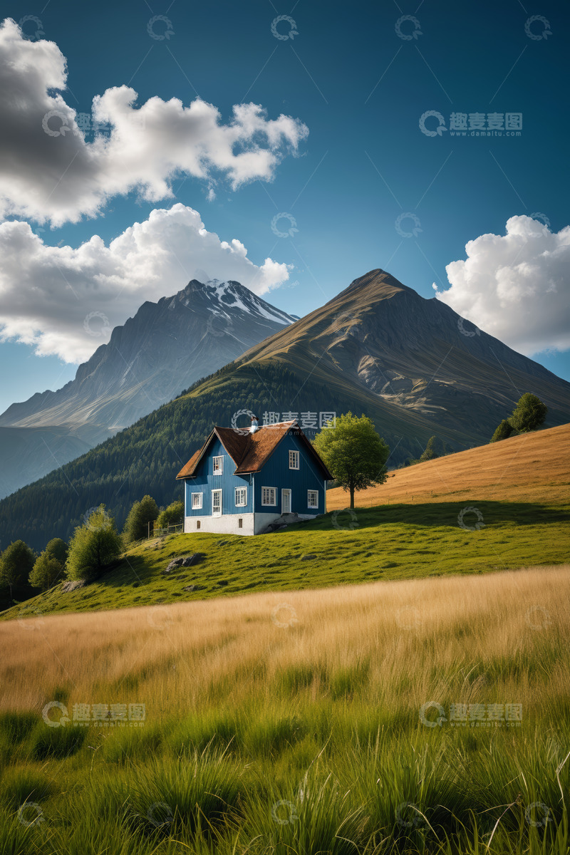 高清大图下载【趣麦麦图】山间草地旁的蓝色小屋风景