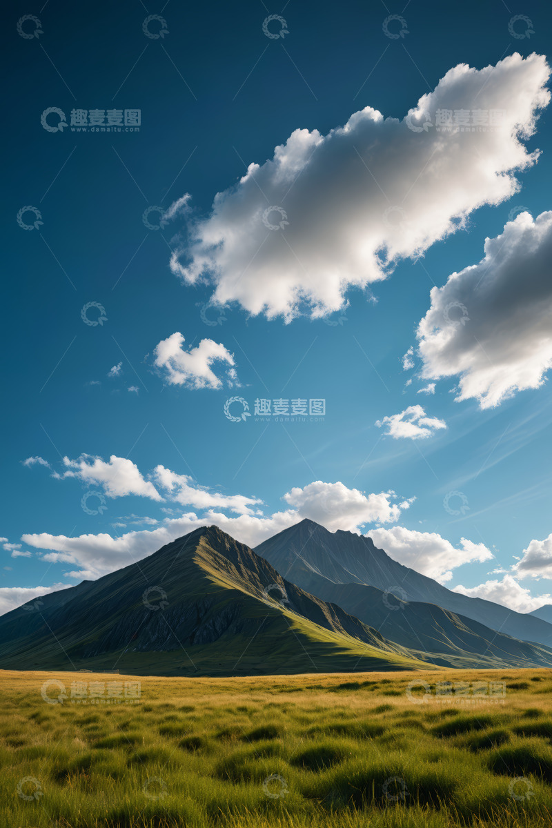 高清大图下载【趣麦麦图】蓝天白云下的草原与远山风景