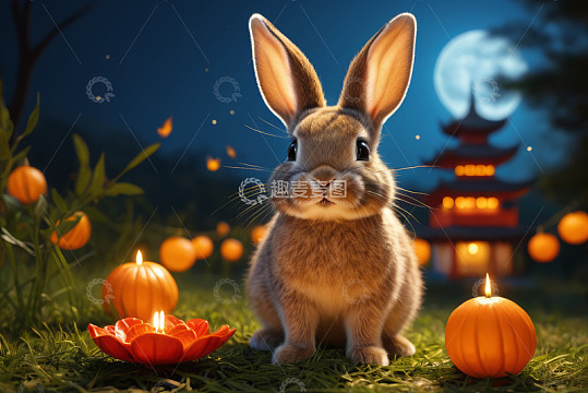 月夜下的兔子与节日装饰