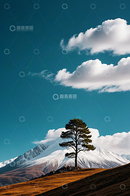 高山旁单棵树木自然风光