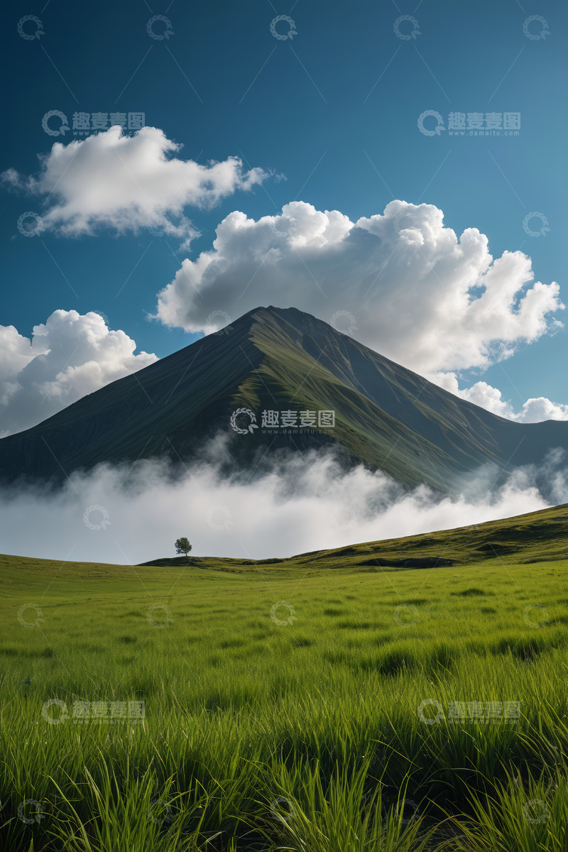 高清大图下载【趣麦麦图】草原上云雾缭绕的山峰景观