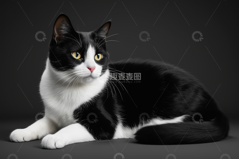 高清大图下载【趣麦麦图】黑白猫咪趴卧姿态素材