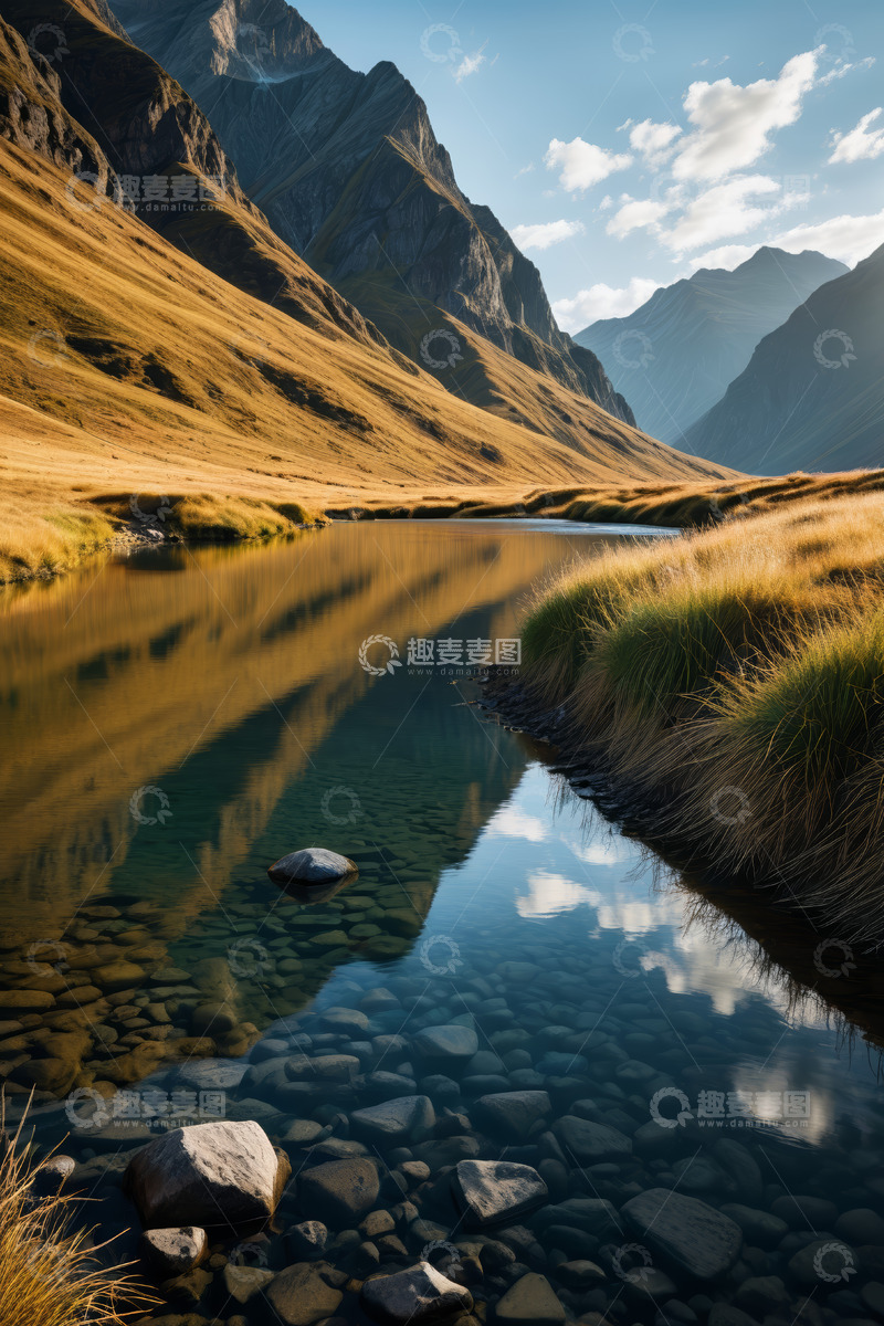 高清大图下载【趣麦麦图】山间清澈溪流与金黄草甸景观