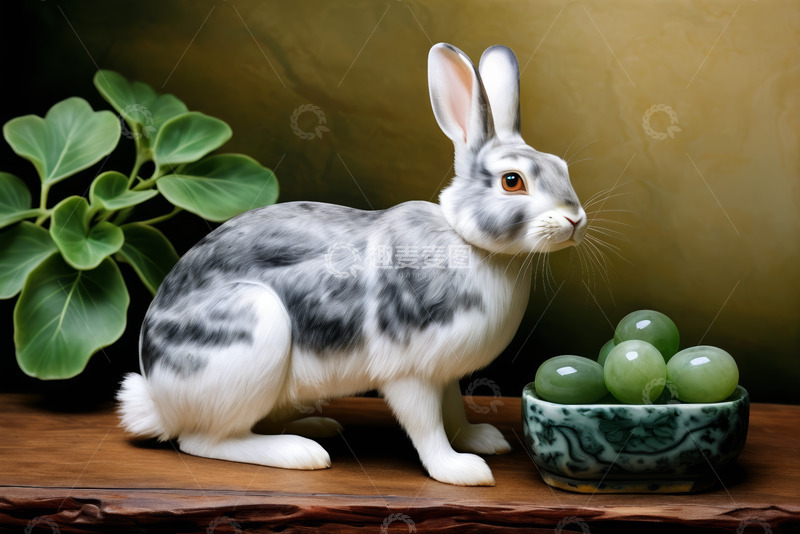 高清大图下载【趣麦麦图】灰白斑纹兔子与绿玉蛋静物