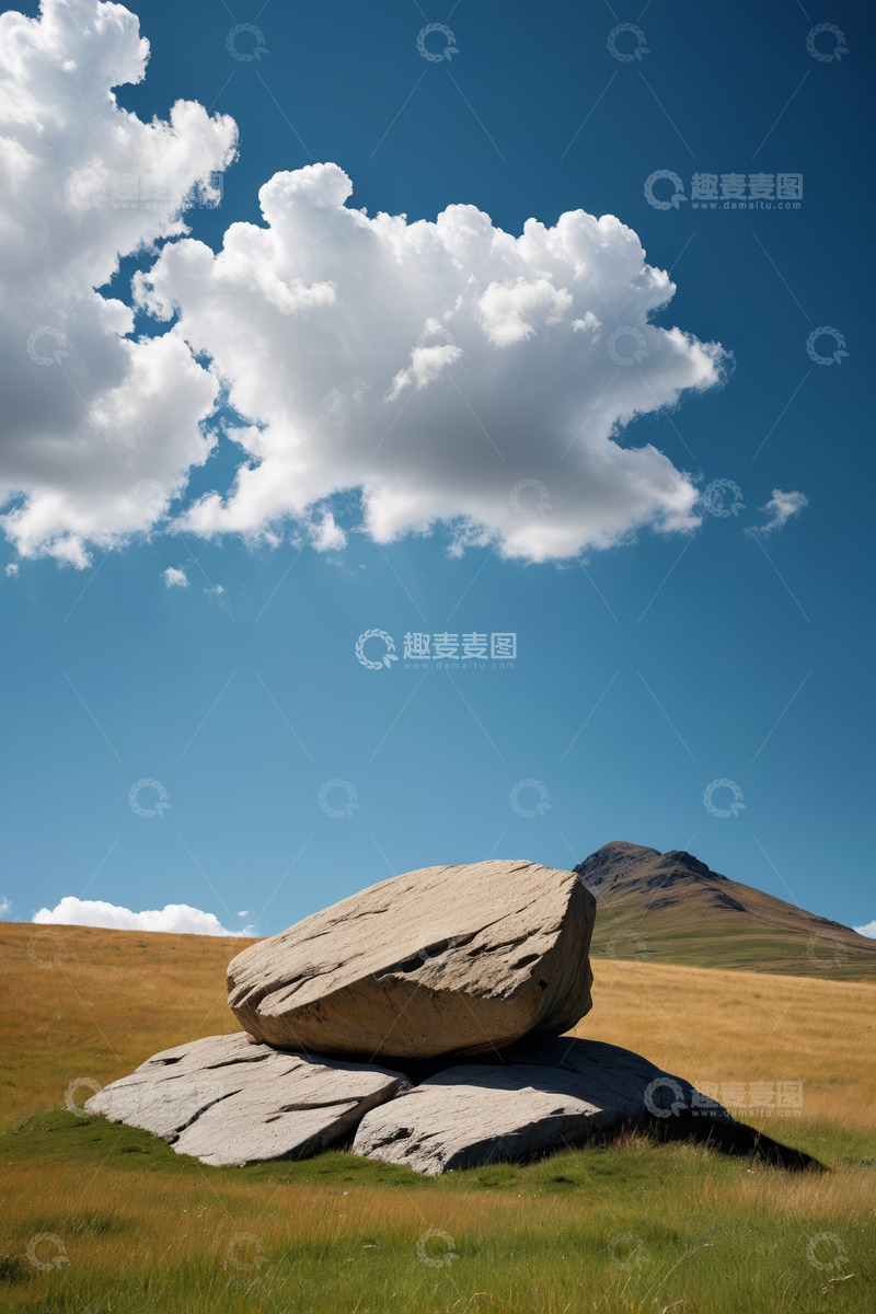 高清大图下载【趣麦麦图】草原上巨石与远山蓝天白云