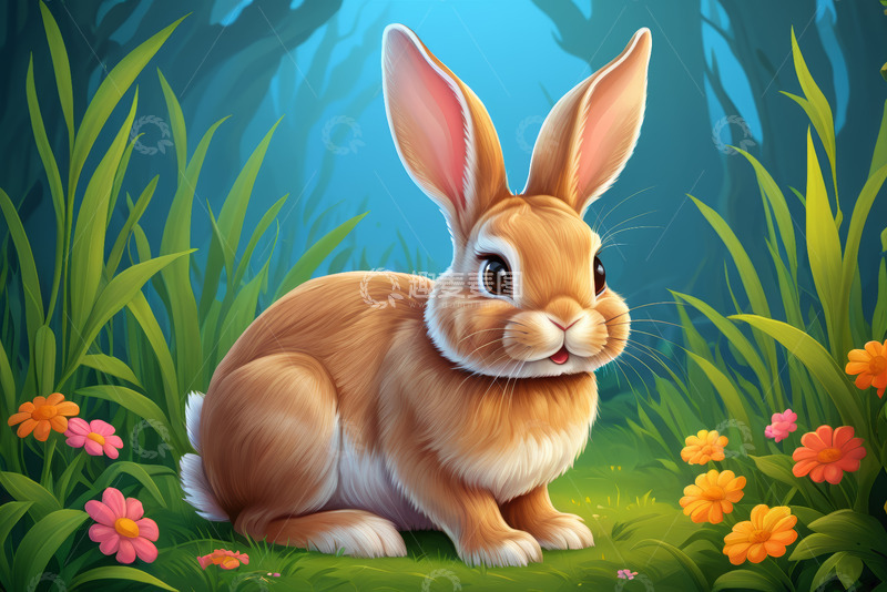 高清大图下载【趣麦麦图】草地上的可爱兔子插画