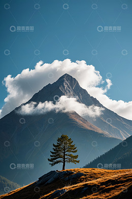 山间孤树与巍峨山峰景观