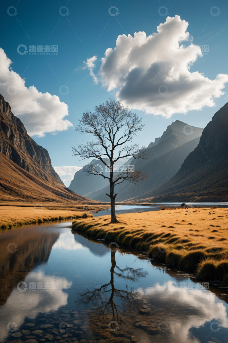高清大图下载【趣麦麦图】山间湖畔孤树自然风光