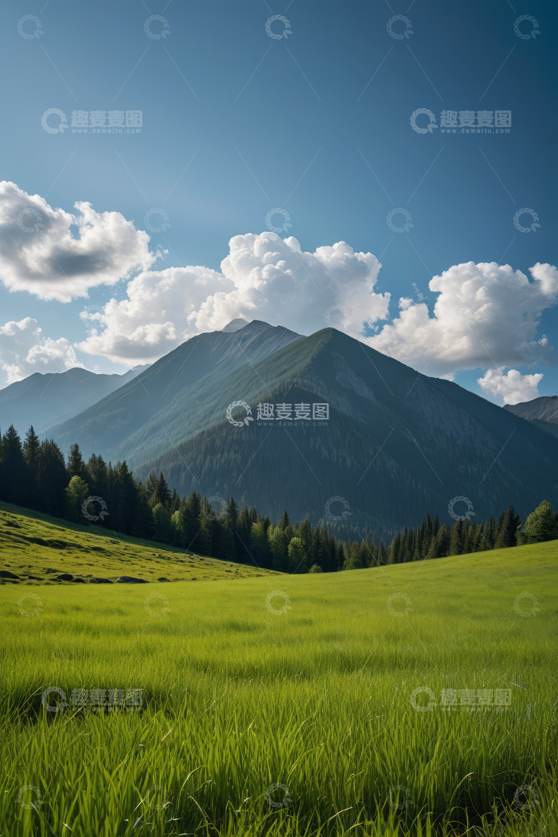 高清大图下载【趣麦麦图】蓝天白云下的山间草原风光