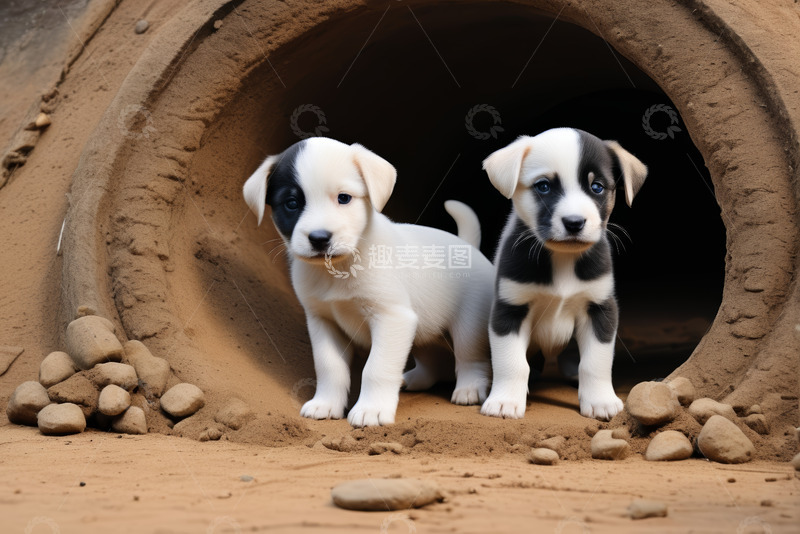 高清大图下载【趣麦麦图】两只小狗从土洞探出身子