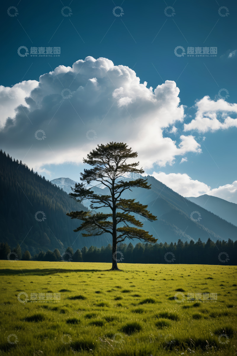 高清大图下载【趣麦麦图】草原上的孤树与远山风景