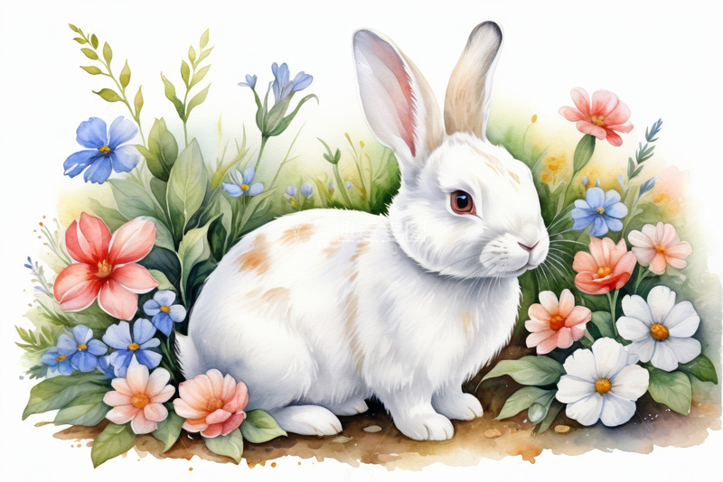 高清大图下载【趣麦麦图】花丛中的白色兔子插画