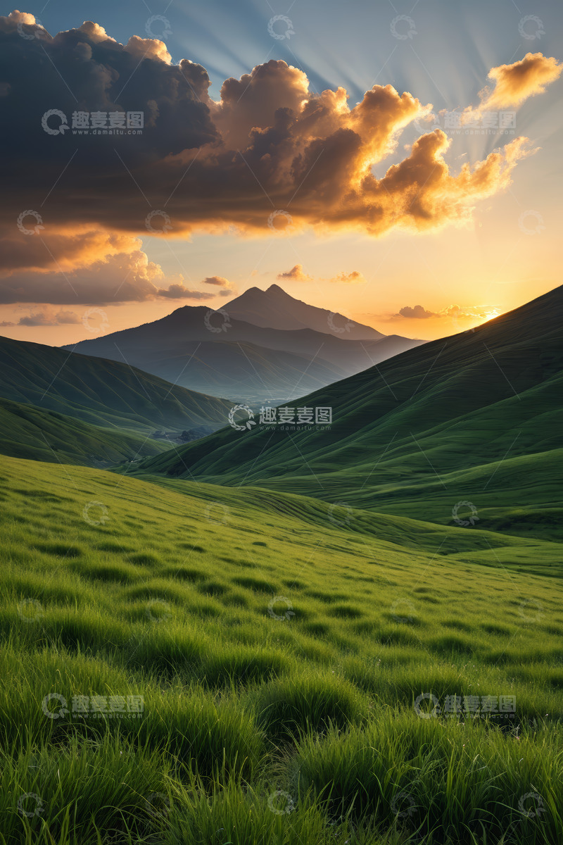 高清大图下载【趣麦麦图】夕阳下绿色山丘自然风光